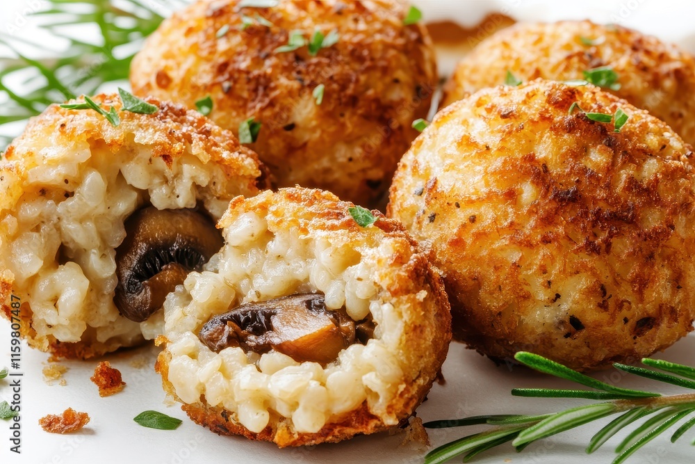 Homemade fried rice balls filled with mushrooms and parmesan set against a white background Homemade fried rice balls filled with mushrooms and parmesan set against a white background
