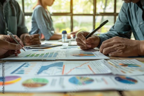 Business team reviewing financial reports at a meeting.