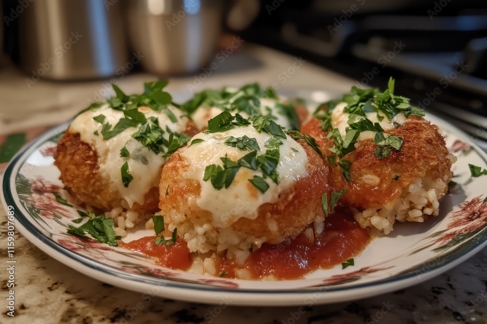 Homemade Italian rice balls filled with mozzarella and parsley deep fried Homemade Italian rice balls filled with mozzarella and parsley deep fried