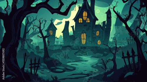 A Haunted Mansion in a Dark and Eerie Forest at Night photo