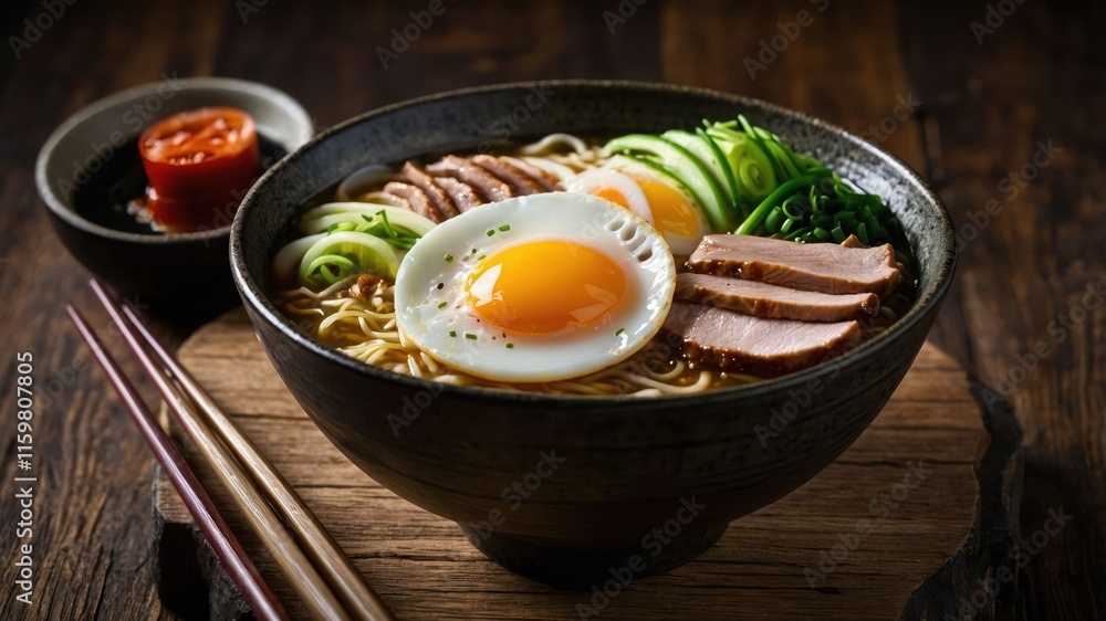 A bowl of ramen with egg, pork, cucumber, and green onions, served with soy sauce. A bowl of ramen with egg, pork, cucumber, and green onions, served with soy sauce.