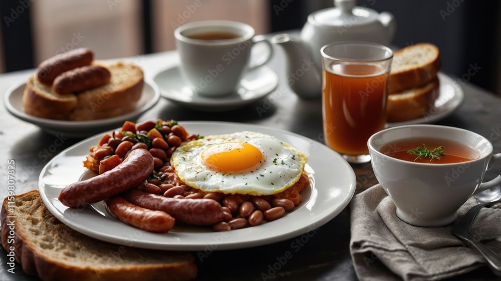 A hearty breakfast featuring eggs, sausages, beans, toast, and beverages on a rustic table. A hearty breakfast featuring eggs, sausages, beans, toast, and beverages on a rustic table.