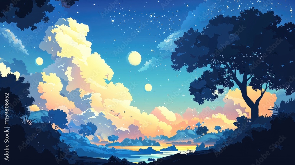 Silhouetted Trees and Hills Against a Sky Filled with Clouds, Moons, and Stars Silhouetted Trees and Hills Against a Sky Filled with Clouds, Moons, and Stars