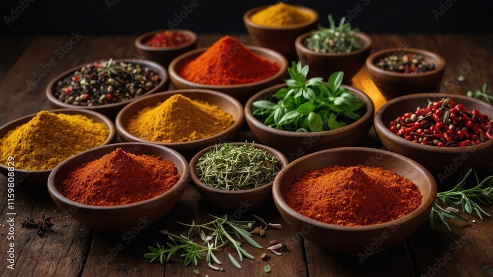 A variety of colorful spices arranged in bowls on a wooden surface, showcasing culinary ingredients. A variety of colorful spices arranged in bowls on a wooden surface, showcasing culinary ingredients.