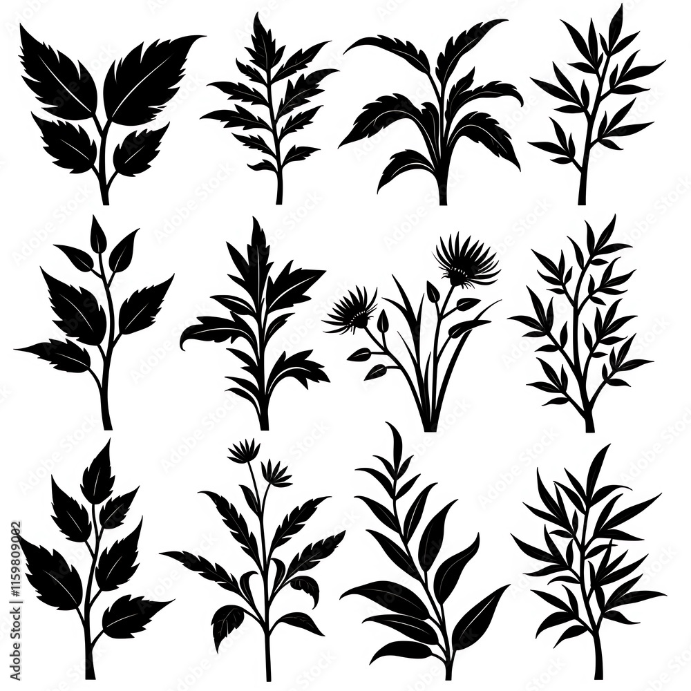 silhouette vector herb plant set on white background silhouette vector herb plant set on white background