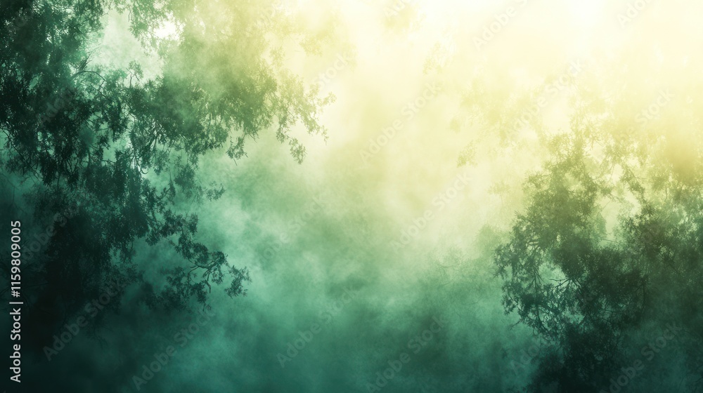 Obraz premium Misty forest scene with sunlit canopy.