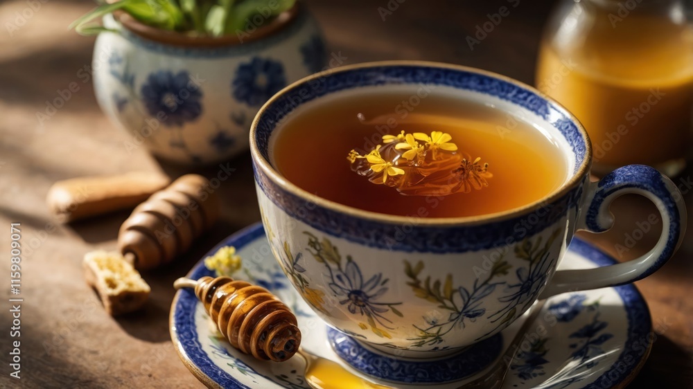 A cozy cup of herbal tea garnished with flowers, accompanied by honey and snacks. A cozy cup of herbal tea garnished with flowers, accompanied by honey and snacks.