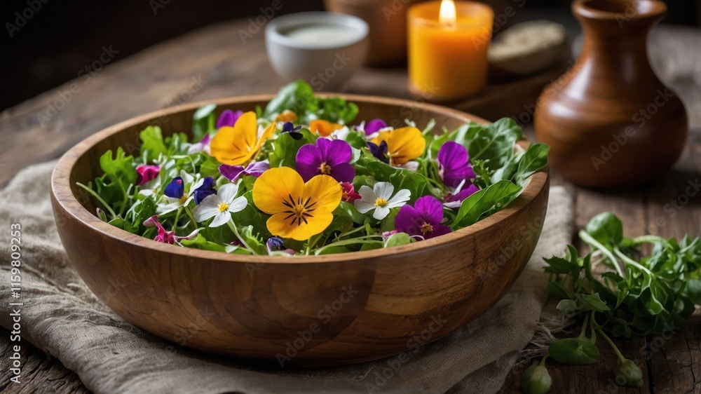 A vibrant salad with edible flowers in a wooden bowl, showcasing fresh ingredients. A vibrant salad with edible flowers in a wooden bowl, showcasing fresh ingredients.