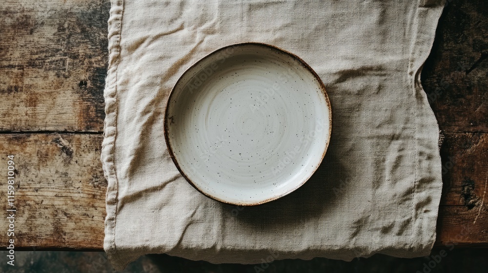 Simple Ceramic Plate on Linen Cloth Over Rustic Wooden Table Simple Ceramic Plate on Linen Cloth Over Rustic Wooden Table