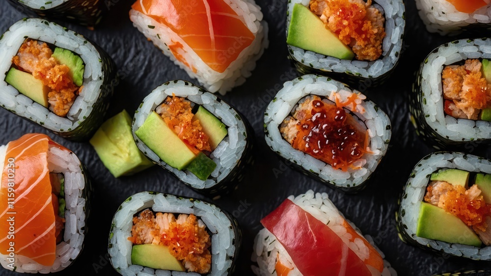 A vibrant assortment of sushi rolls displayed on a dark surface. A vibrant assortment of sushi rolls displayed on a dark surface.
