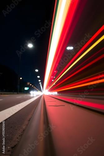 Red long exposure light lines on a dark road.