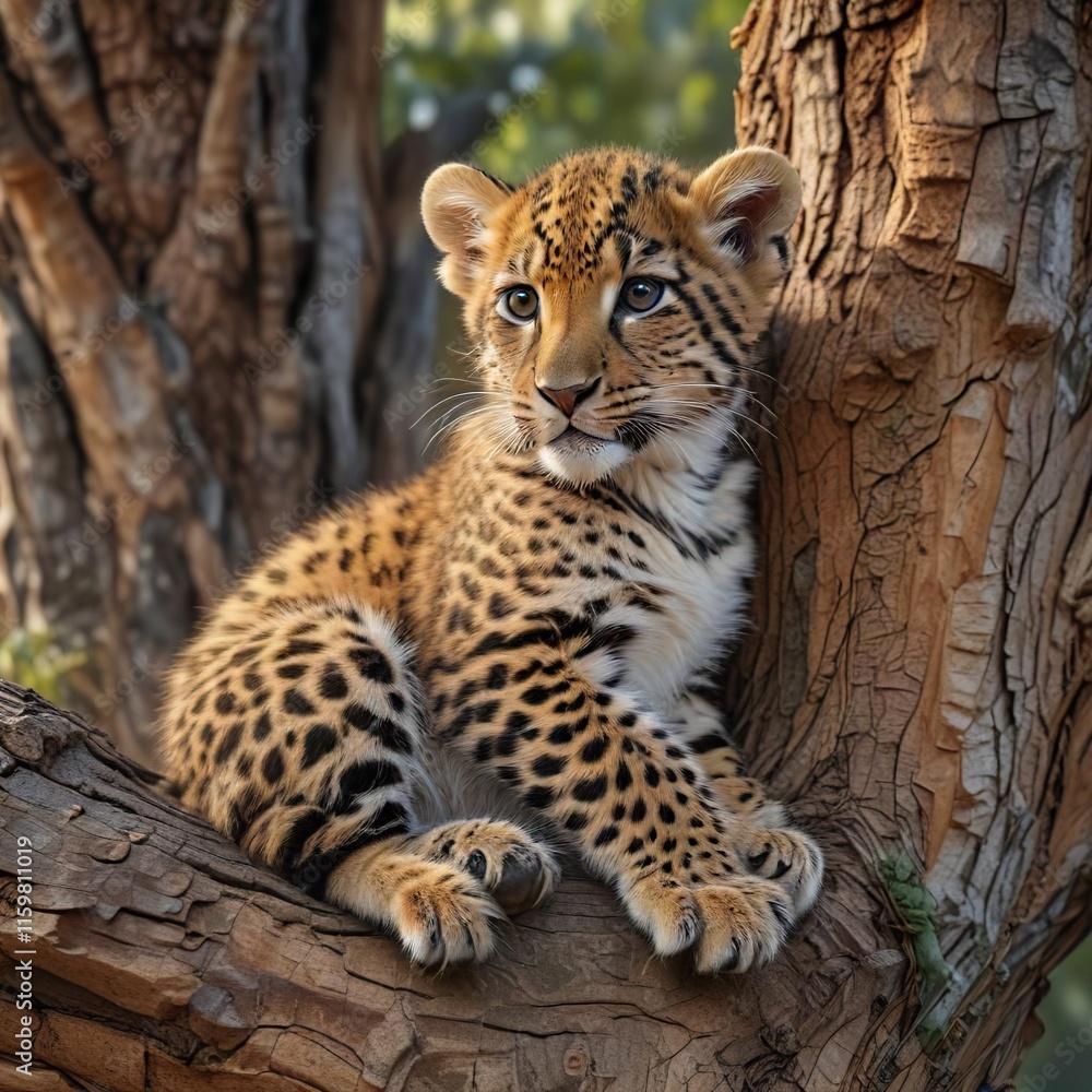 Obraz premium Leopard cub curled up on tree trunk with paw dangling down and fur fluffed, curled position, tree trunk,