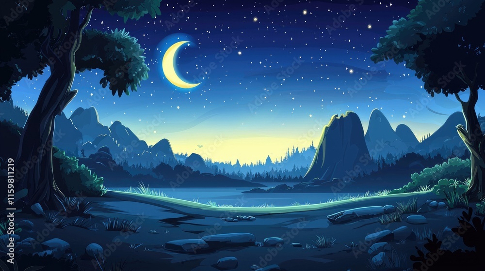 Fototapeta premium Nighttime Landscape with Crescent Moon and Starry Sky Over Mountains and a Lake