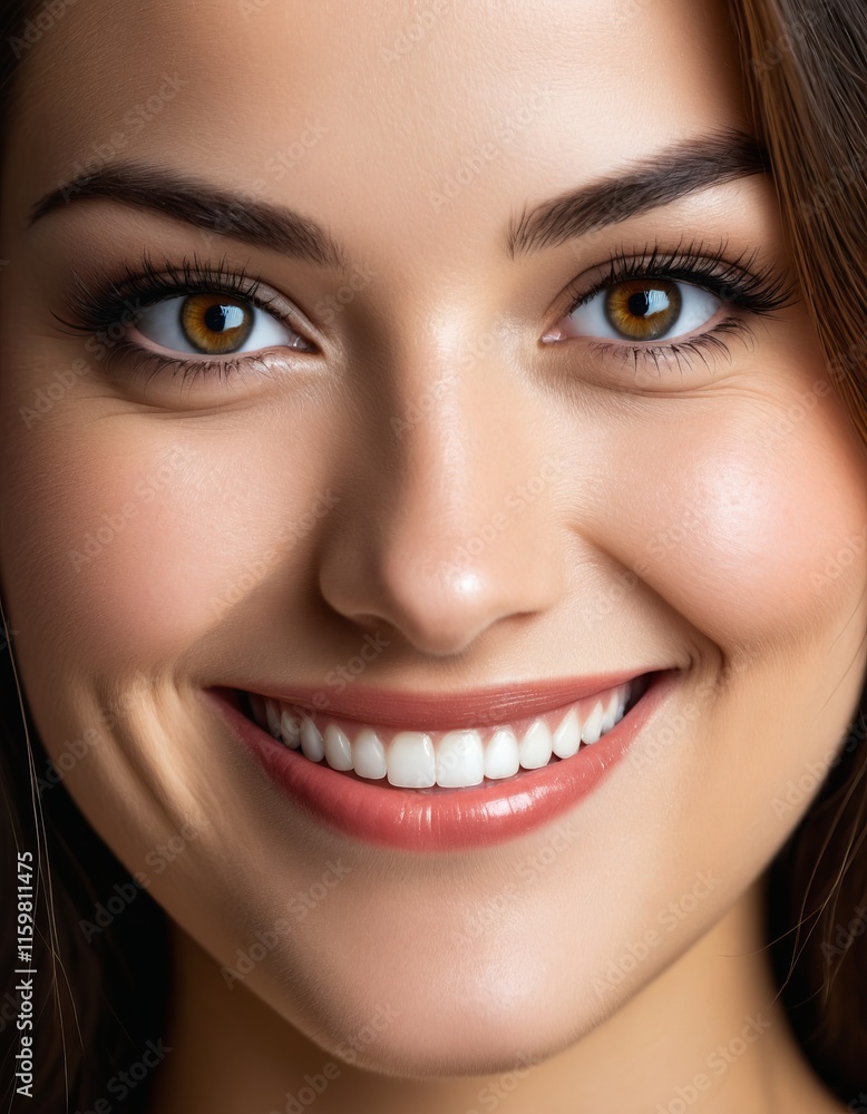 Close-up of smiling woman with bright eyes and natural makeup Close-up of smiling woman with bright eyes and natural makeup