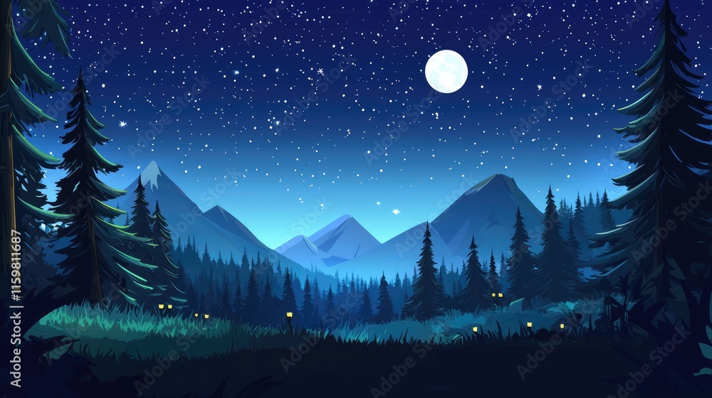 Fototapeta premium Nighttime View of a Forest with a Full Moon and Mountains in the Distance