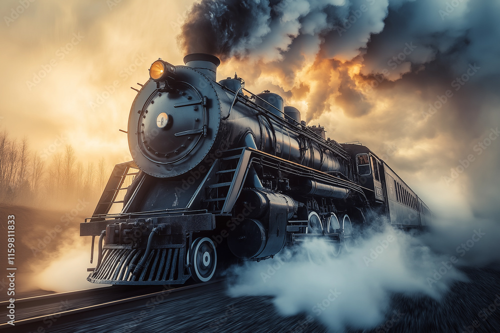 Fototapeta premium Powerful Steam Train in Motion: Churning Wheels and Billowing Smoke