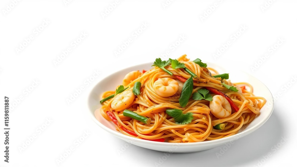 Spicy Thai seafood spaghetti stir-fry dish on white plate with selective focus, shadow, white dish Spicy Thai seafood spaghetti stir-fry dish on white plate with selective focus, shadow, white dish