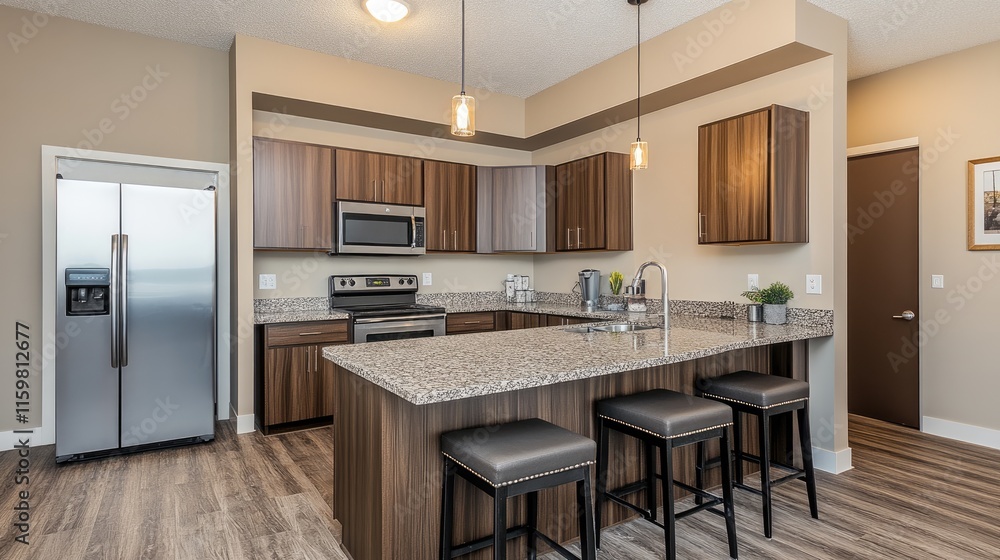 Fototapeta premium Modern kitchen interior design with island and stainless appliances