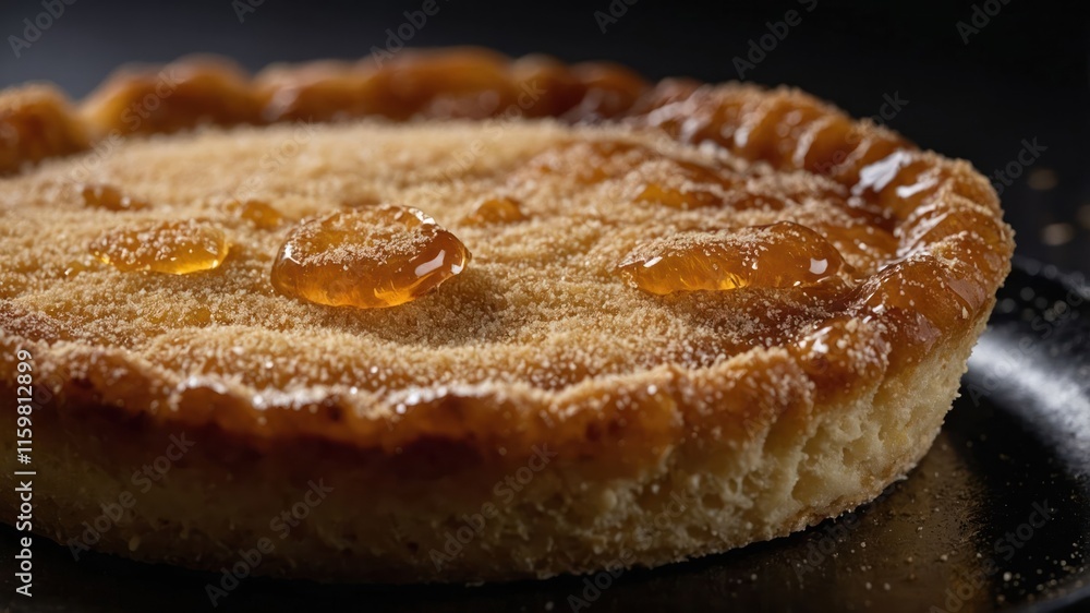 A close-up of a golden-brown pie topped with syrup droplets on a dark background. A close-up of a golden-brown pie topped with syrup droplets on a dark background.