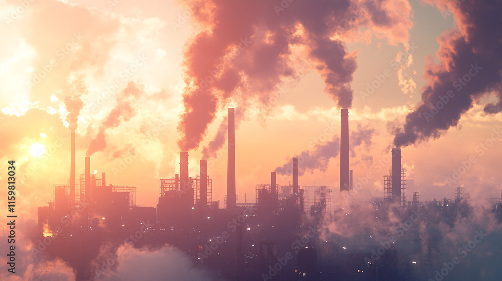 Fototapeta premium An abstract skyline where smokestacks dominate, with thick smoke morphing into images of endangered species, emphasizing the impact of pollution on wildlife. 