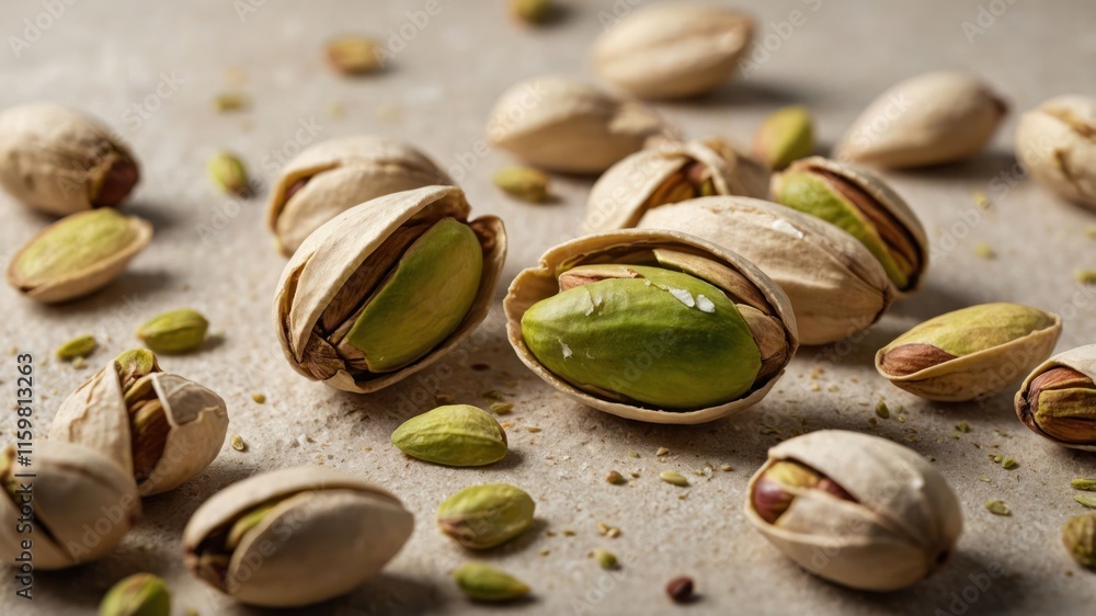 A close-up of pistachio nuts, some shelled and others in their shells, on a textured surface. A close-up of pistachio nuts, some shelled and others in their shells, on a textured surface.