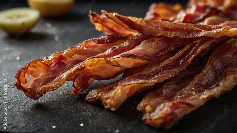 Crispy bacon strips arranged on a dark surface, garnished with lemon. Crispy bacon strips arranged on a dark surface, garnished with lemon.