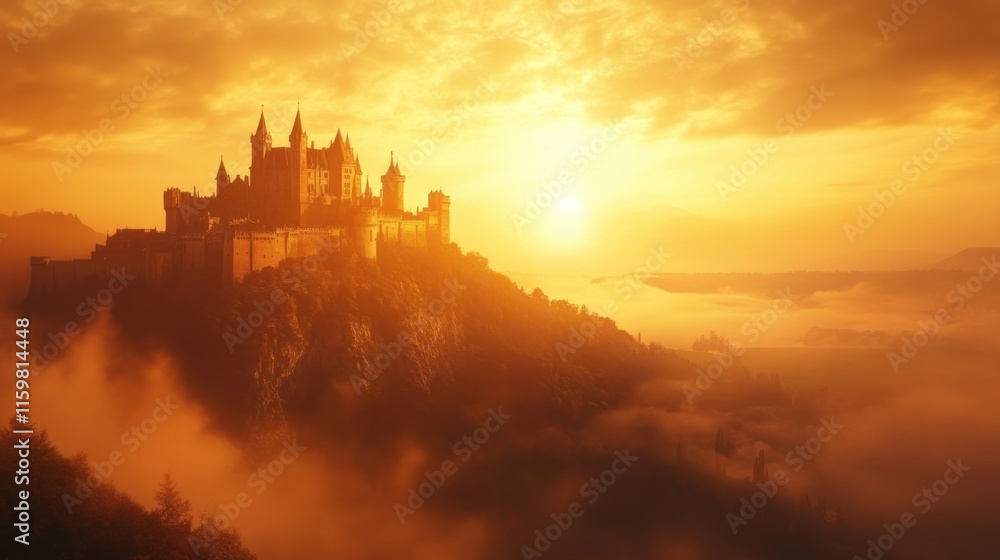 Fototapeta premium A majestic castle atop a mountain, bathed in warm golden light during sunset, surrounded by misty valleys.