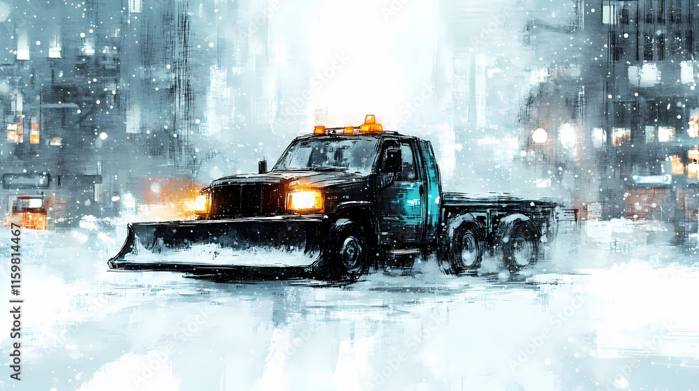 Snowplow machine removing snow on a rural road, providing access after snowfall, illustrated in a soft, painterly art style Snowplow machine removing snow on a rural road, providing access after snowfall, illustrated in a soft, painterly art style