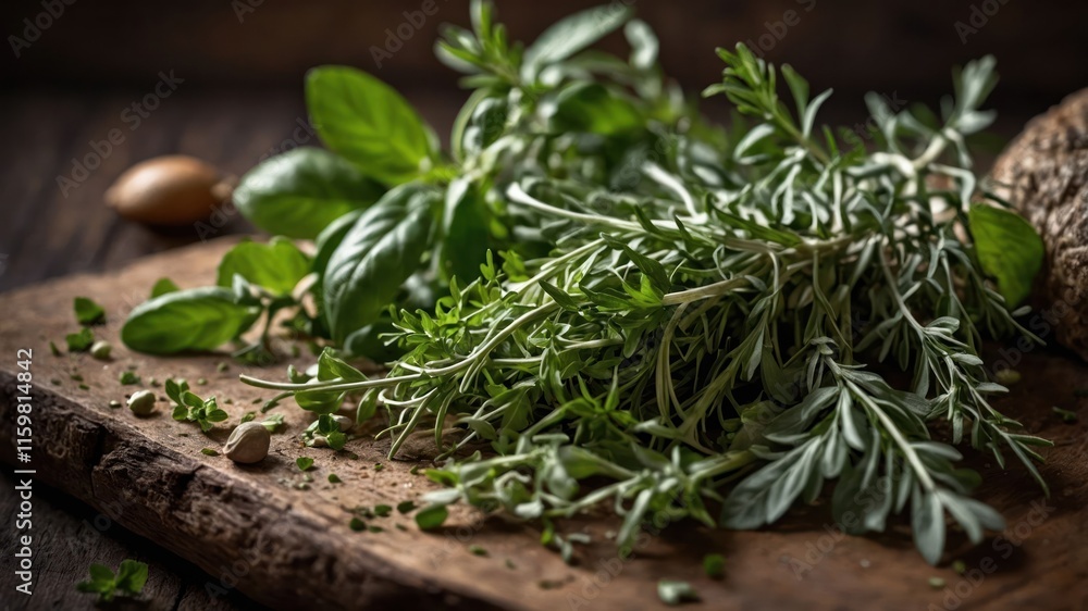 Fresh herbs arranged on a wooden surface, ideal for culinary use. Fresh herbs arranged on a wooden surface, ideal for culinary use.