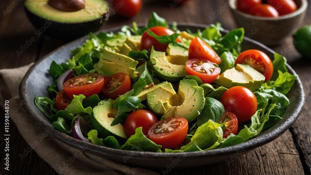 A fresh salad featuring lettuce, avocado, and cherry tomatoes in a rustic bowl. A fresh salad featuring lettuce, avocado, and cherry tomatoes in a rustic bowl.
