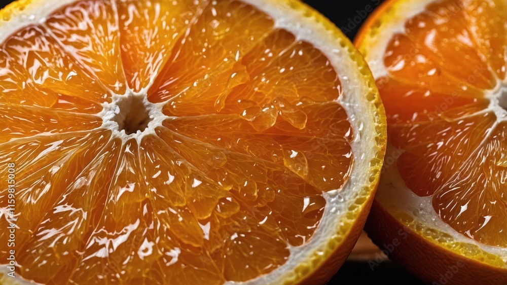 Close-up of freshly cut orange halves showcasing juicy segments and vibrant color. Close-up of freshly cut orange halves showcasing juicy segments and vibrant color.