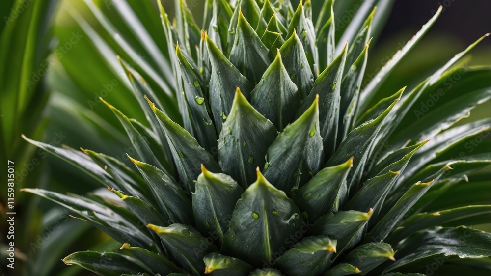 Close-up of a pineapple with textured green leaves and droplets of water. Close-up of a pineapple with textured green leaves and droplets of water.