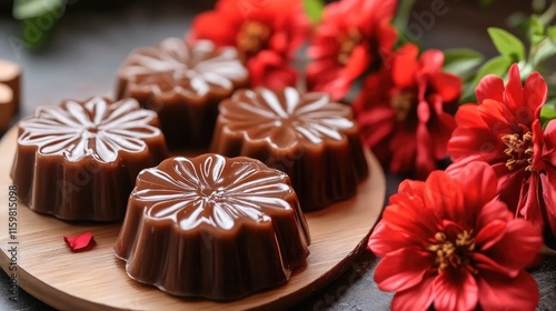 Delicious Chocolate Treats Surrounded by Vibrant Flowers and Plants photo