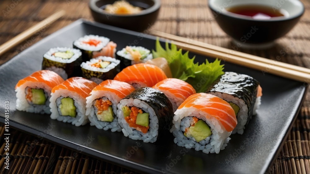A plate of sushi featuring various rolls and garnishes, served with soy sauce and chopsticks. A plate of sushi featuring various rolls and garnishes, served with soy sauce and chopsticks.