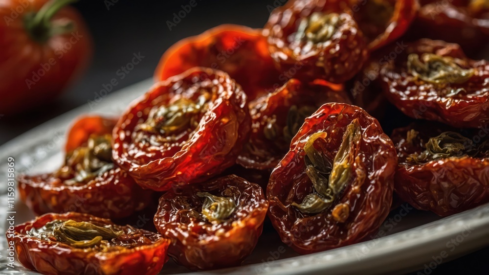 A close-up of sun-dried tomatoes arranged on a plate, showcasing their rich color and texture. A close-up of sun-dried tomatoes arranged on a plate, showcasing their rich color and texture.
