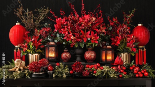 Vibrant Red Floral Arrangement with Lanterns and Festive Decor