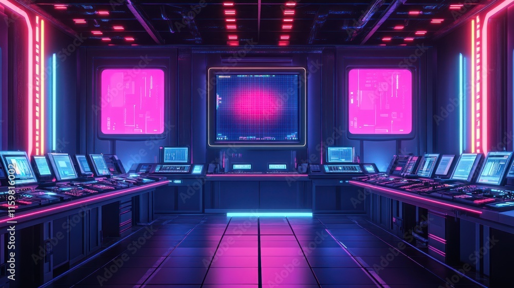 Futuristic control room with neon lights and monitors. Futuristic control room with neon lights and monitors.