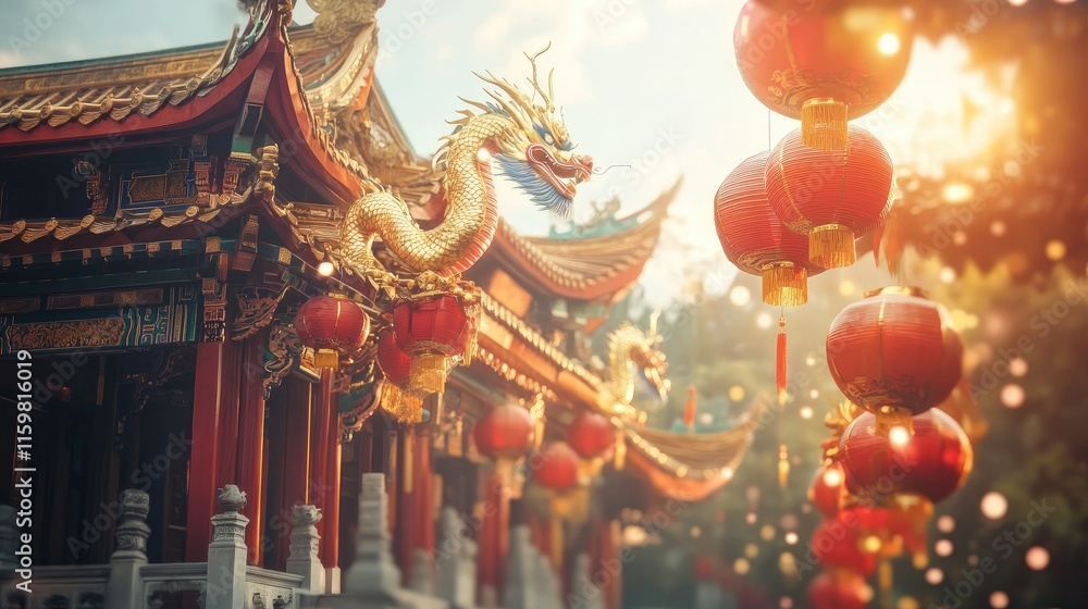 Majestic Dragon Statue and Red Lanterns in Traditional Temple Setting Majestic Dragon Statue and Red Lanterns in Traditional Temple Setting