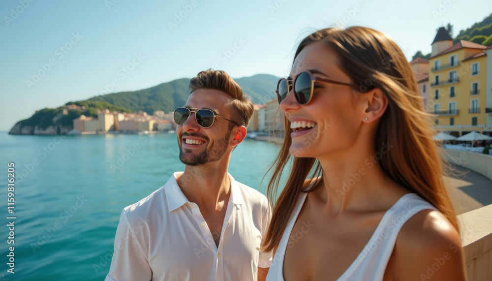 Couple enjoying a sunny vacation by the sea Couple enjoying a sunny vacation by the sea