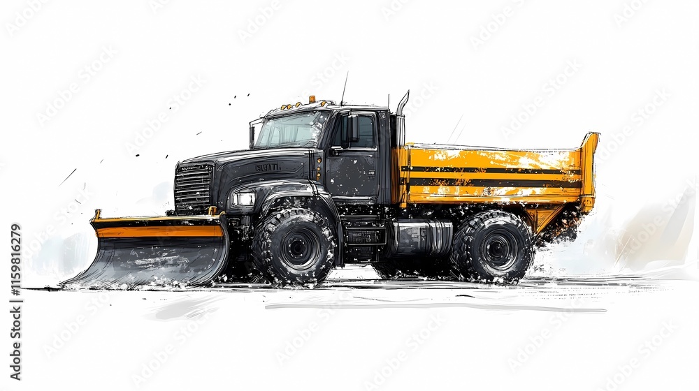 Large snowplow in action during heavy snowfall, creating a safe roadway, illustrated in a vibrant, dynamic art style Large snowplow in action during heavy snowfall, creating a safe roadway, illustrated in a vibrant, dynamic art style