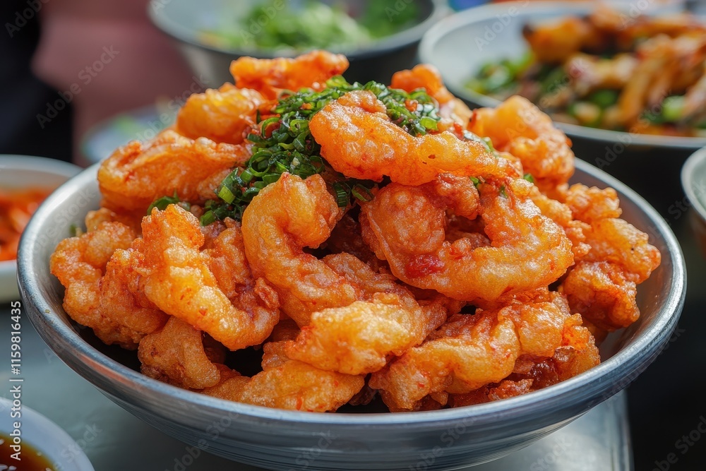 Hot sauce over freshly fried nurungji typically served with seafood sauce and consumed immediately Hot sauce over freshly fried nurungji typically served with seafood sauce and consumed immediately