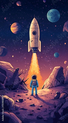 An astronaut watches a rocket launch against a cosmic backdrop of planets and stars.