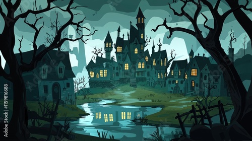 A Creepy Village with a Haunted Mansion at Dusk photo