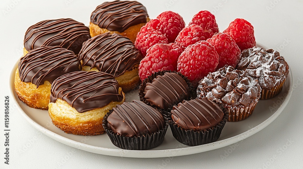 Delicious chocolate pastries and fresh raspberries on a plate. Delicious chocolate pastries and fresh raspberries on a plate.
