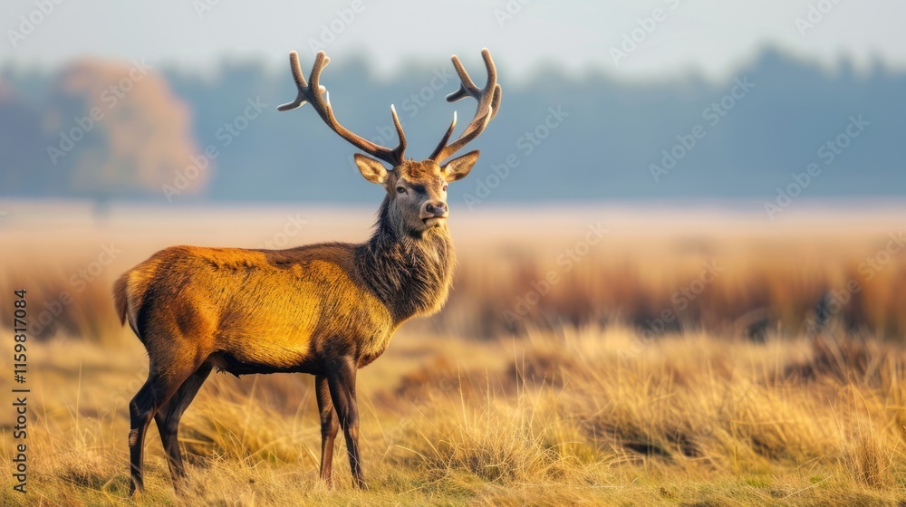 Obraz premium Majestic red deer stag in autumnal field.