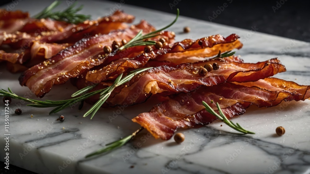 Crispy bacon strips arranged on a marble board, garnished with herbs. Crispy bacon strips arranged on a marble board, garnished with herbs.