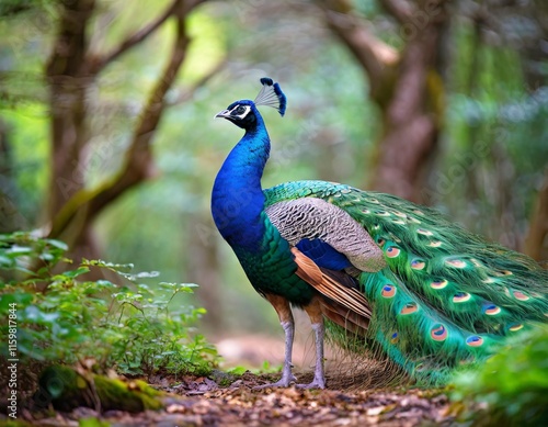 Wallpaper Mural Proud Peacock Displaying Vibrant Plumage in a Serene Forest Clearing Torontodigital.ca