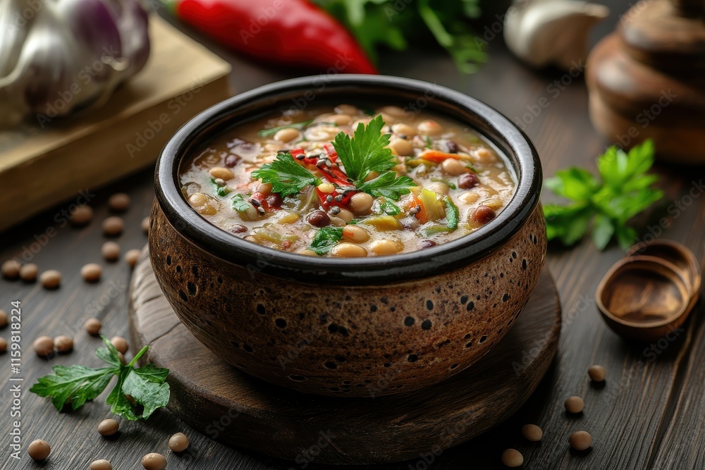 Korean dish of soybean paste stew served in a clay bowl Korean dish of soybean paste stew served in a clay bowl