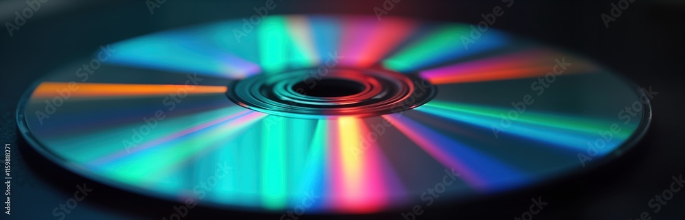 Close-up view of colorful prismatic reflection on silver compact disc. Vibrant spectrum of light refracted through disc surface. Retro tech item reflecting tech evolution. Old school music media. Close-up view of colorful prismatic reflection on silver compact disc. Vibrant spectrum of light refracted through disc surface. Retro tech item reflecting tech evolution. Old school music media.