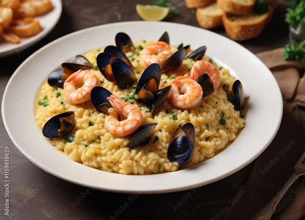 Plated dish of risotto with mussels and shrimp in a golden-brown crust, home-cooked meal, flavorful casserole Plated dish of risotto with mussels and shrimp in a golden-brown crust, home-cooked meal, flavorful casserole